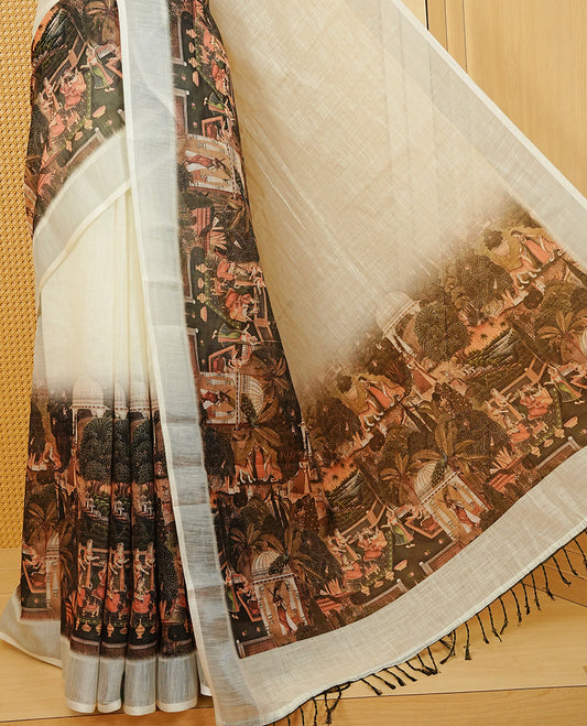 Off white Semi Linen Saree featuring One side Green Indian Cultural Painting print, silver tissue border, comes with Matching blouse piece with same unique Pattern.