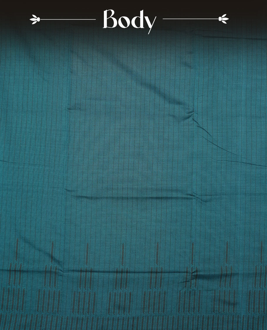 Teal Green colour poly cotton saree with black vertical dotted line pattern on the body, paired with a matching pallu featuring black zigzag geometric border, and a coordinated all‑over black stylised fleur‑de‑lis printed blouse piece.