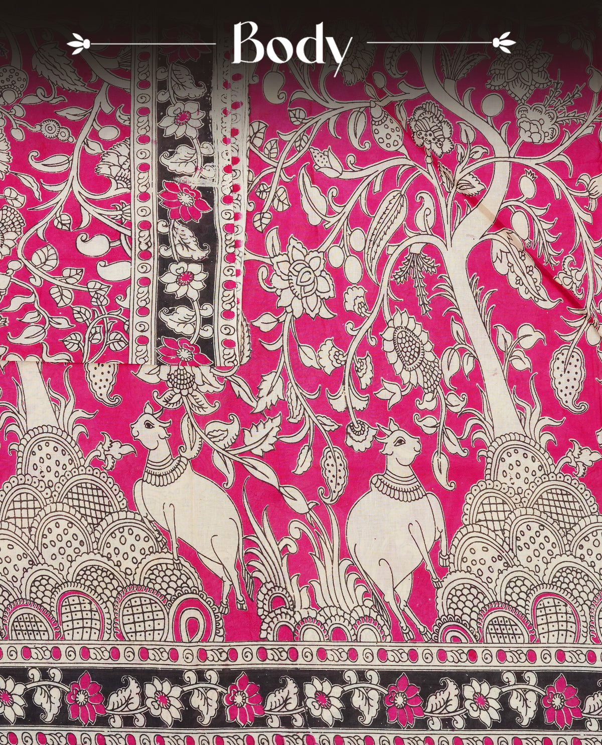 cream & magenta colour kalamkari cotton saree featuring kalamkari printed body & pallu, paired with a matching  contrast blouse piece.