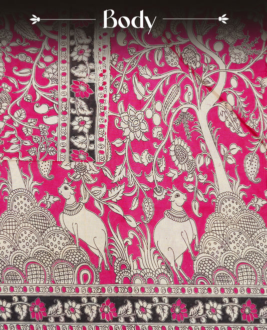 cream & magenta colour kalamkari cotton saree featuring kalamkari printed body & pallu, paired with a matching  contrast blouse piece.