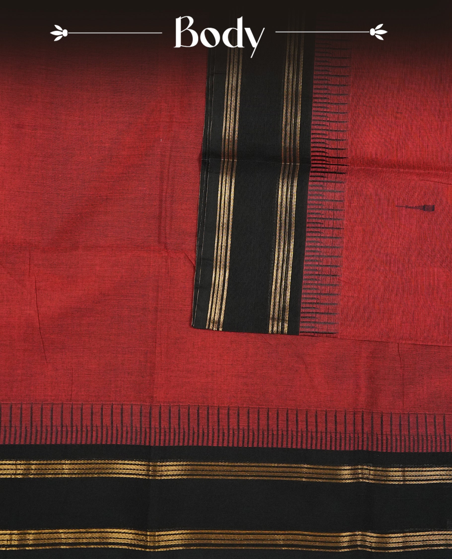 Maroon Colour Chettinad Cotton Saree Featuring Plain Body, Complemented by Black With Gold Zari Border & Contrast Colour Striped Pallu, Paired with a Matching Blouse Piece.
