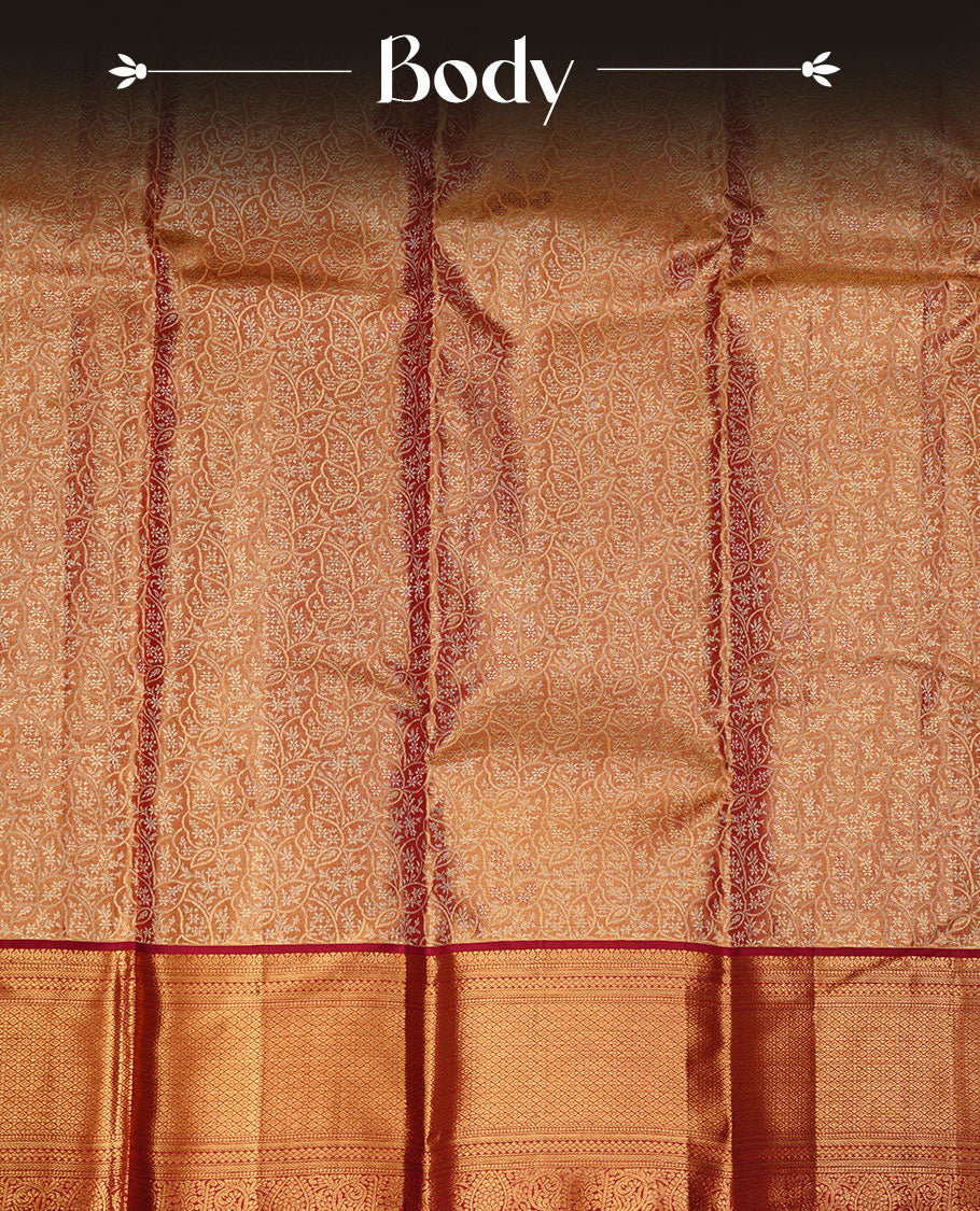 Gold & Burgundy double shade colour kancheepuram tissue silk saree featuring gold zari floral kodi pattern on body, complemented by contrast Burgundy colour with traditional border, paired with matching blouse piece.