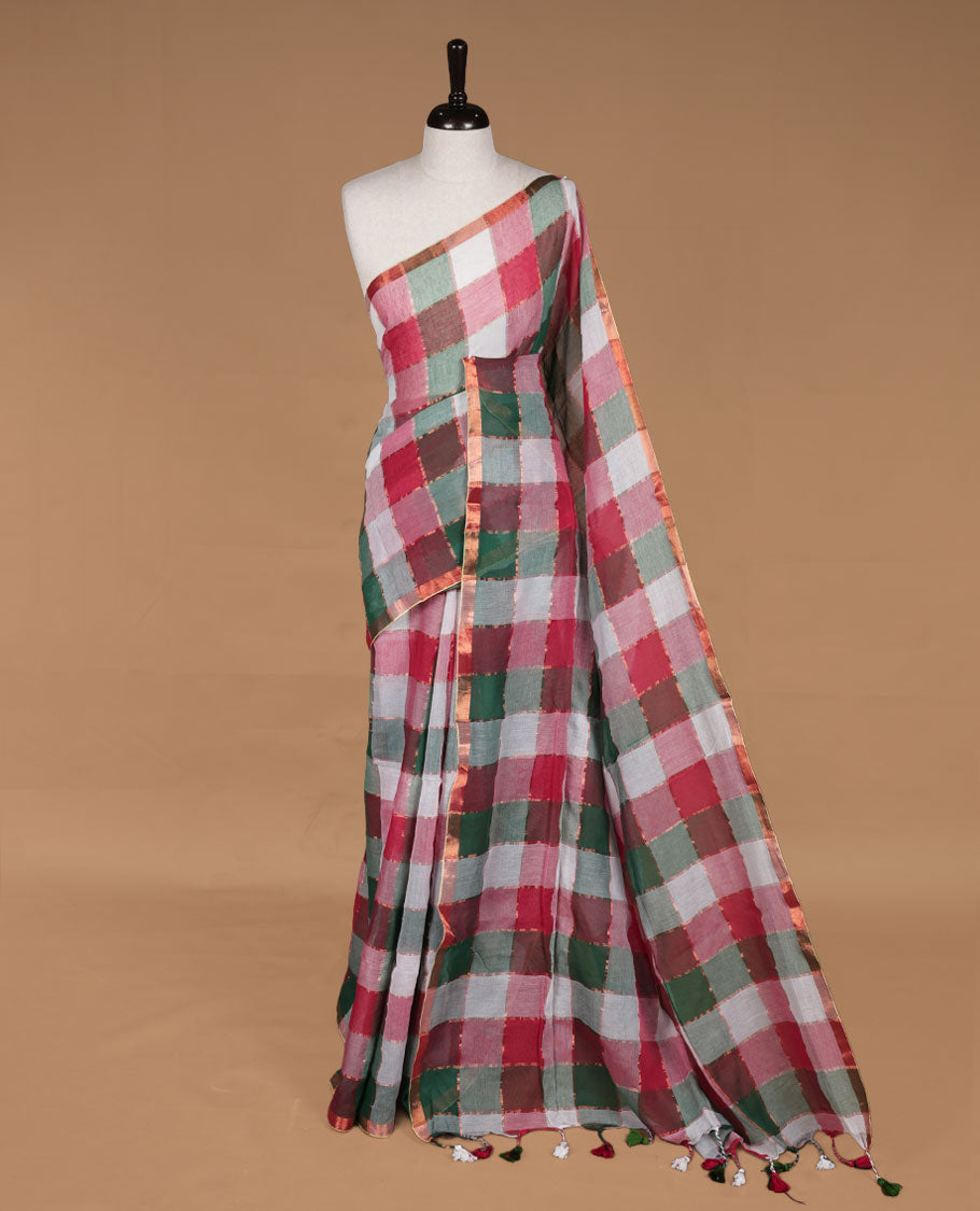 Green, white & red mul cotton saree featuring a vibrant multi colour check patterned body, without blouse piece.