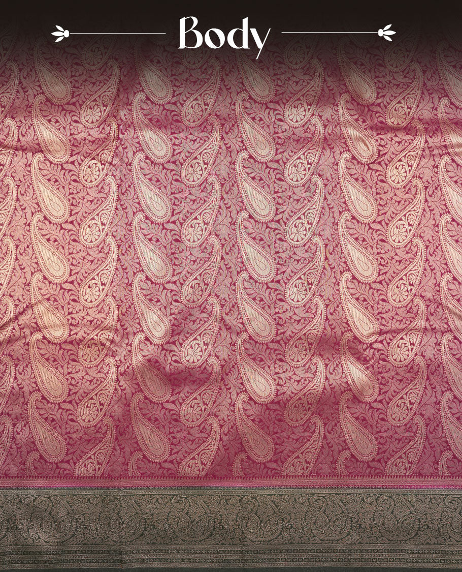 Purple colour semi silk brocade saree featuring intricate Gold Floral kodi & leaf patterns across the body, complemented by a contrast Green colour woven border and pallu, paired with a matching blouse.