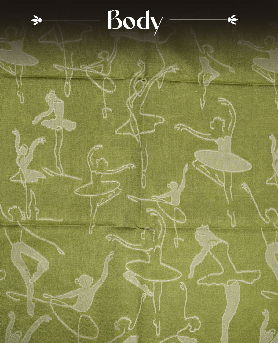 Green colour semi tussar silk saree, featuring an intricate white dancing women motif on the body and pallu with gold zari , comes with matching blouse.