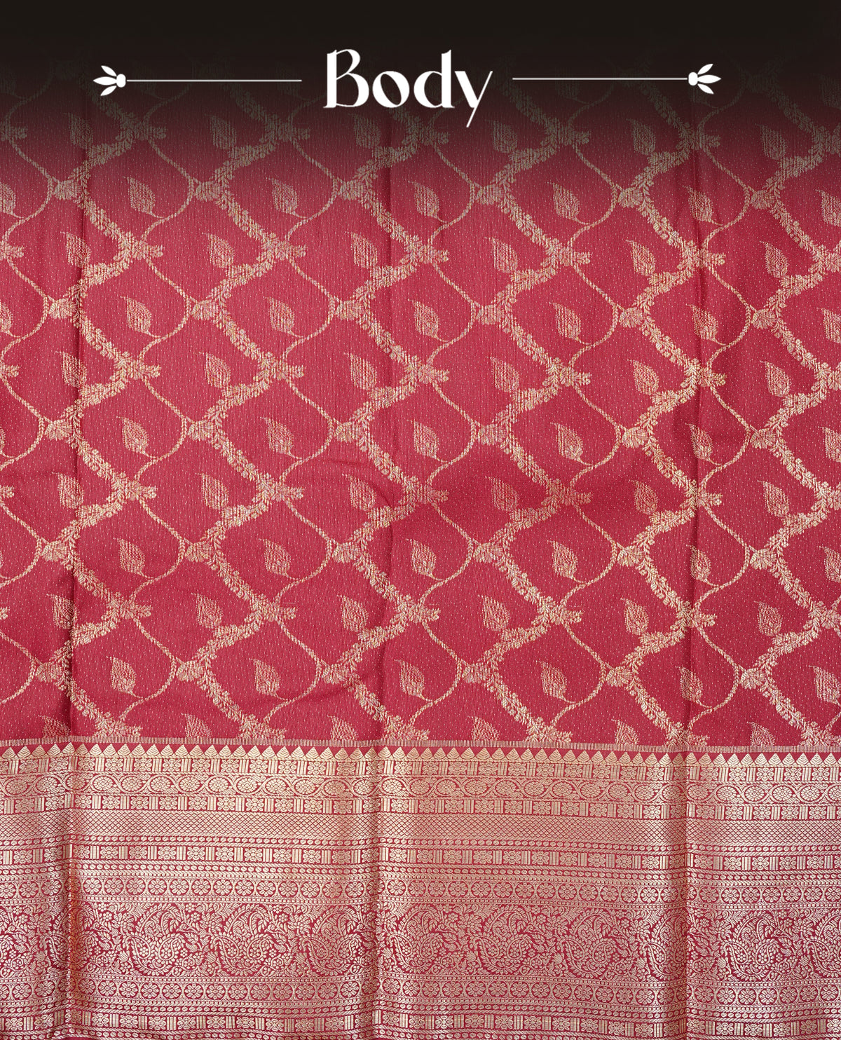 Deep wine colour semi wedding saree featuring light gold zari floral kodi pattern motifs across the body, complemented by contrast self colour traditional border. Comes with a matching blouse piece.