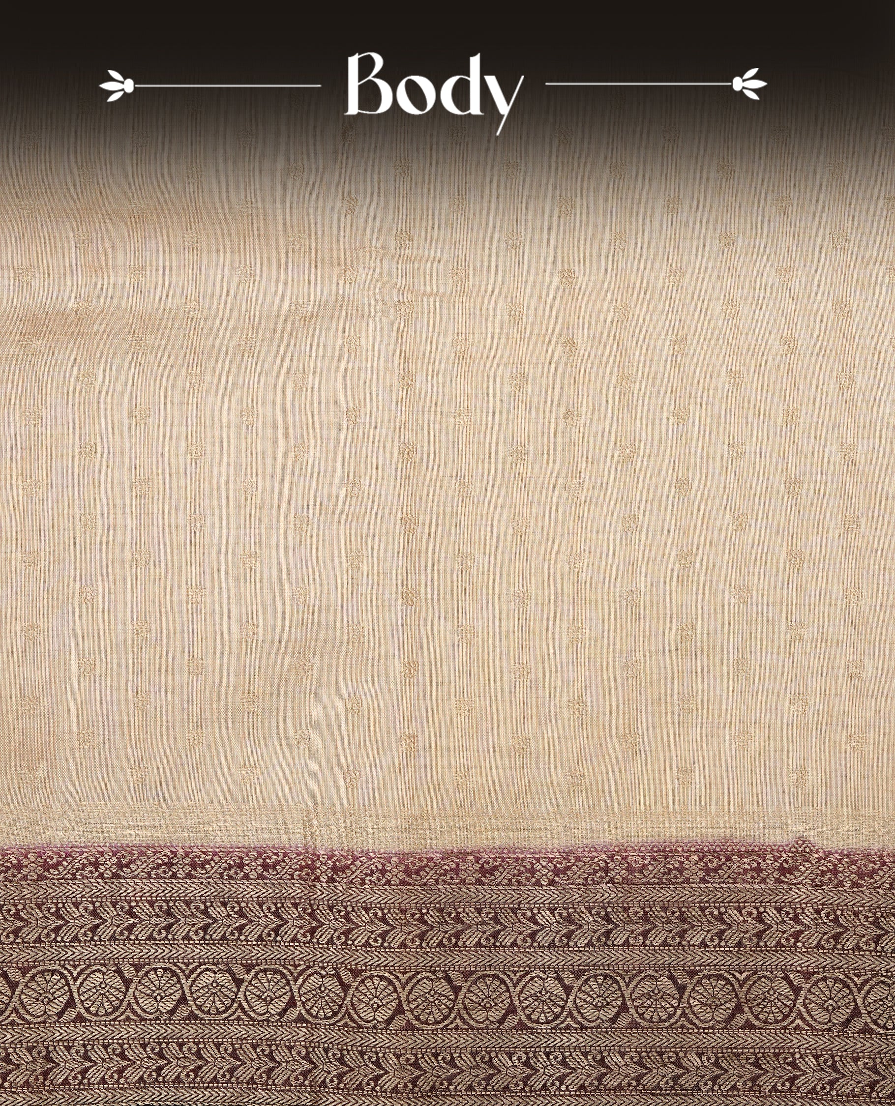 Cream colour Semi Tussar silk saree featuring an Gold zari motifs on body, accentuated by a contrast Chocolate brown border adorned with intricate gold zari work, paired with a matching blouse piece.