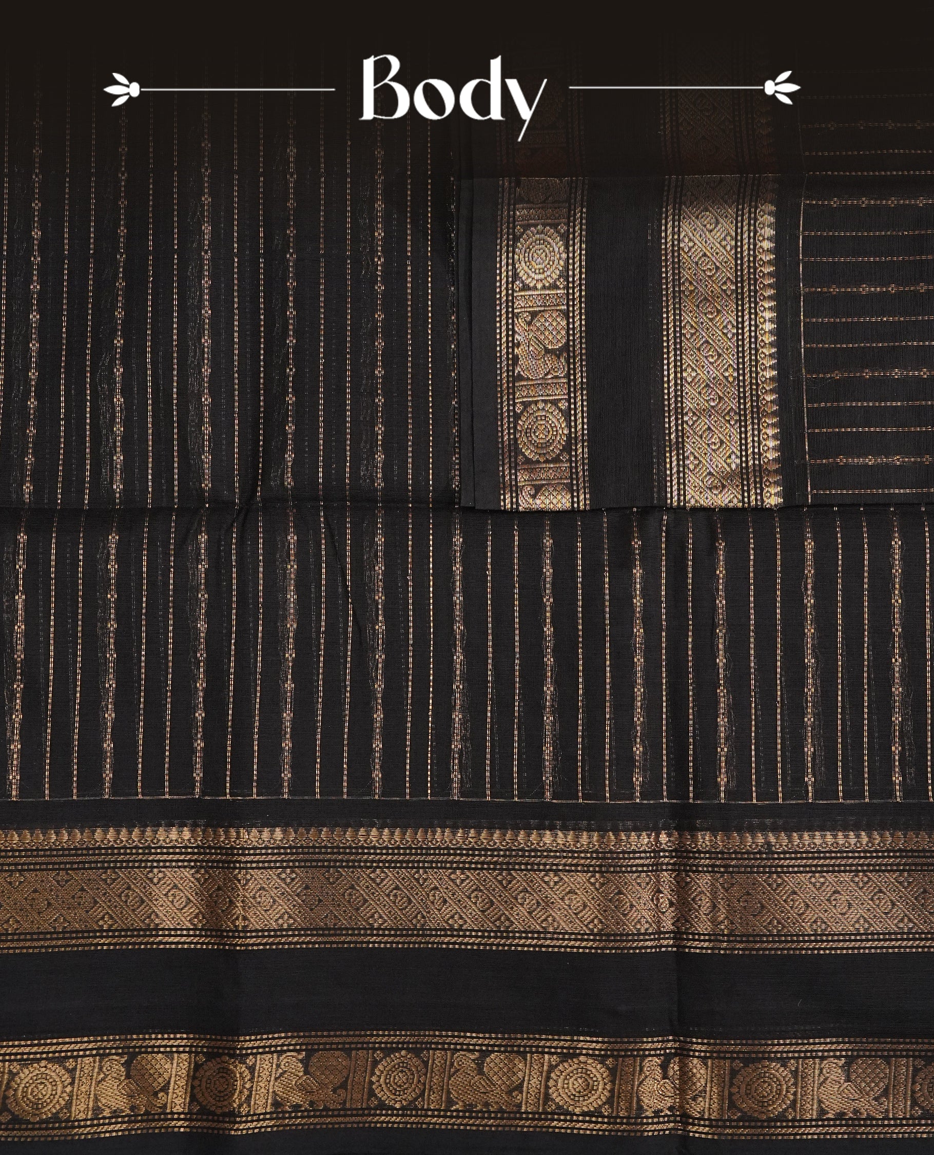 Black Colour Chettinad Cotton Saree Featuring Gold Zari Stripes on the Body, Complemented by a Gold Zari Border and a Contrast Colour Striped Pallu, Paired with a Matching Blouse Piece.