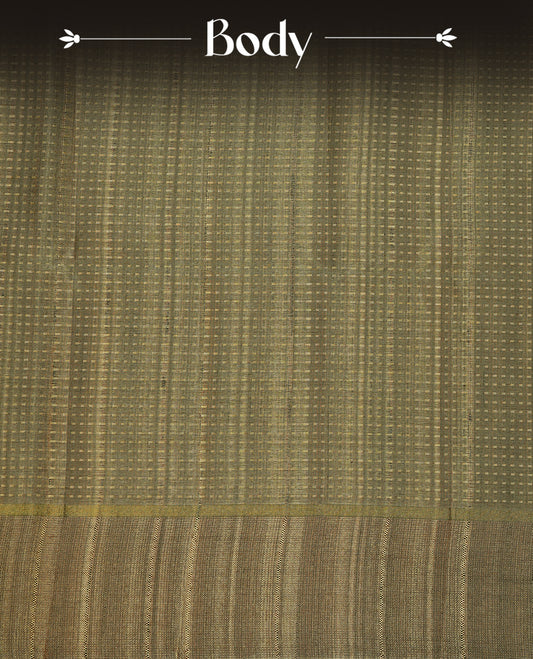 Antique gold colour semi tussar silk saree featuring elegant gold zari dotted stripes across the body, enhanced with a rich zari woven border. Comes with a matching blouse piece.