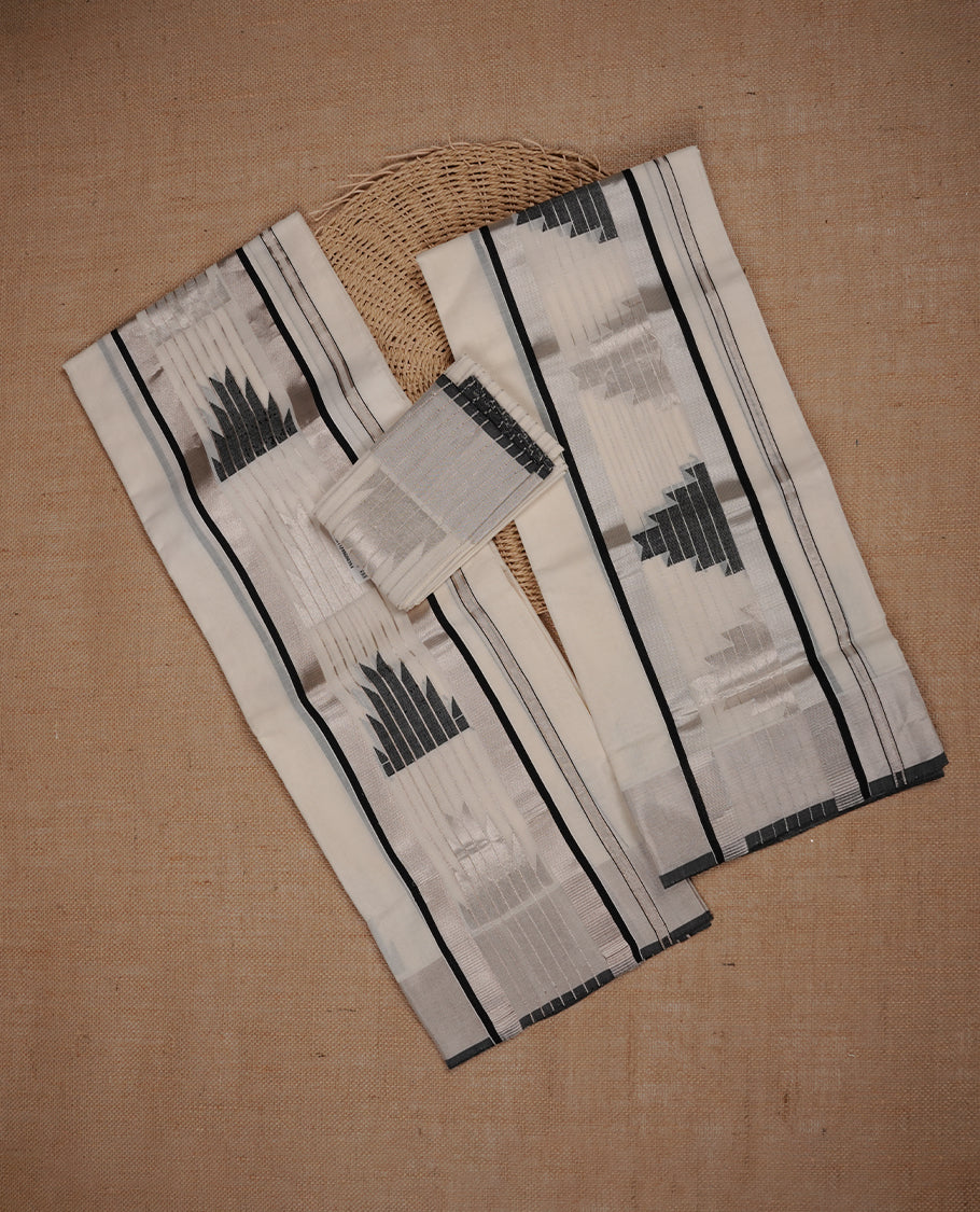 Off white colour pure cotton set mundu highlights rosegold and black zari geometric pattern border (2.00/2.80 MTS)