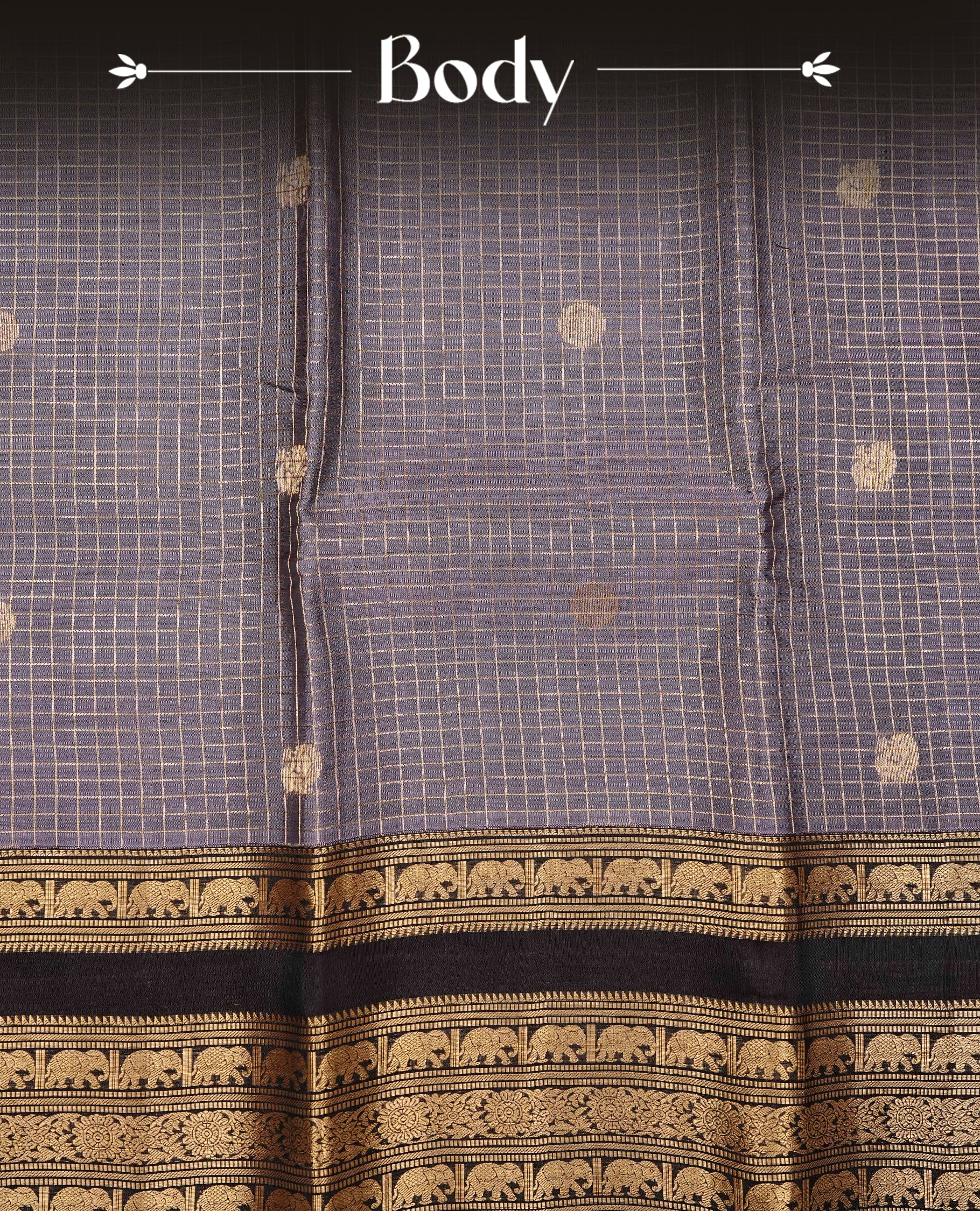 Lavender colour Kancheepuram silk saree featuring Gold zari check with Chakra Motifs on body, complemented by chocolate colour with Traditional border, comes with matching blouse piece.
