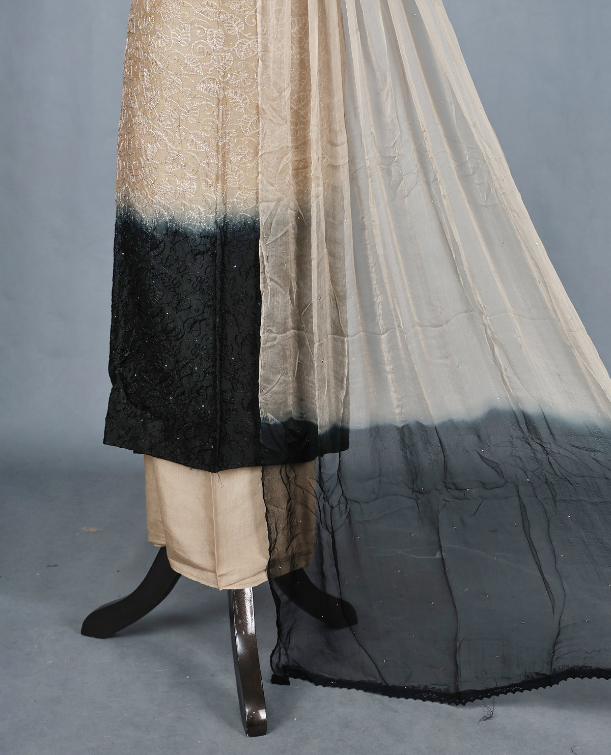 Beige & Black Ombre Colour Salwar Material Featuring Elegant Self Thread Embroidery on the Kurta, paired with a matching bottom & graceful shaded Dupatta.