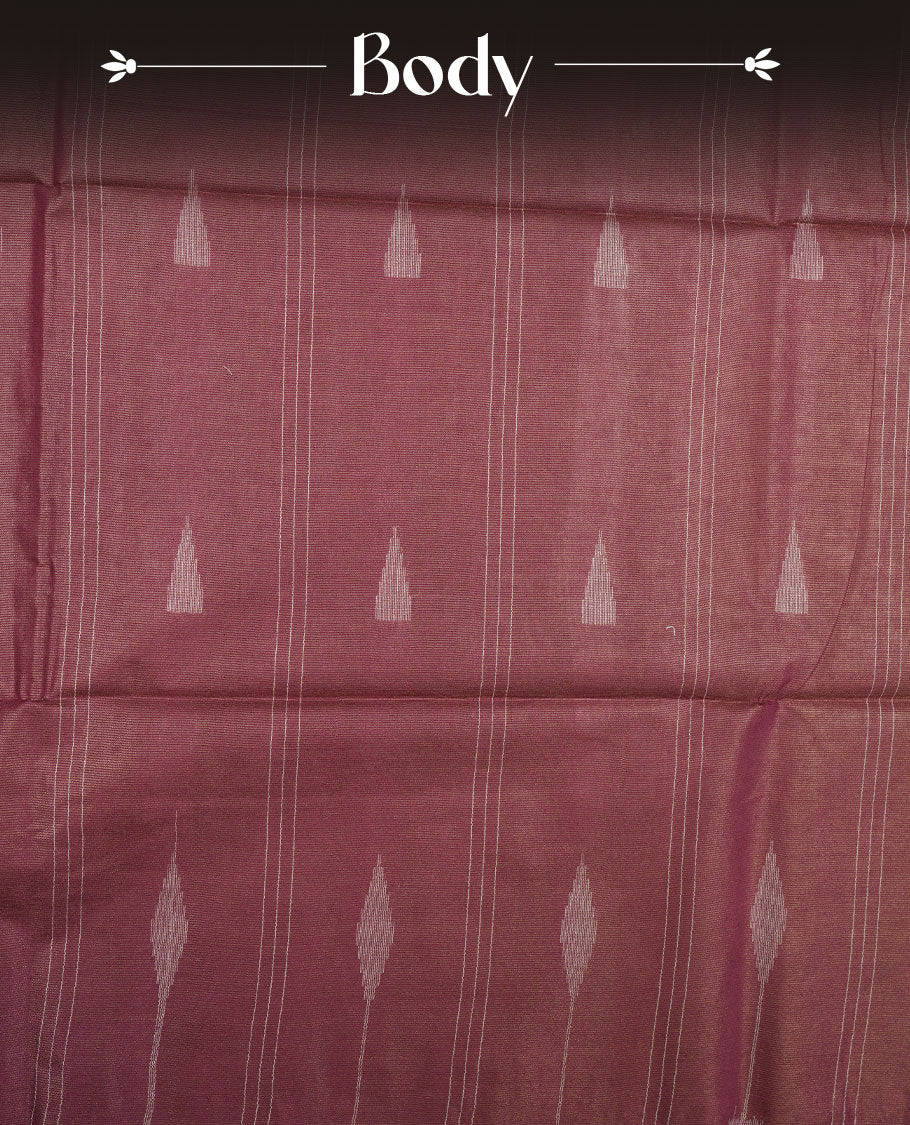 Burgundy colour semi jute saree highlighting gold zari stripped body with white motifs, without border and paired with matching blouse.