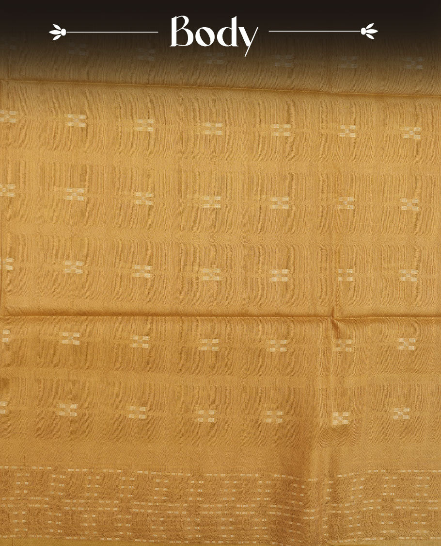 Mustard colour semi jute saree highlighting white thread motifs on body, without border and paired with matching blouse.
