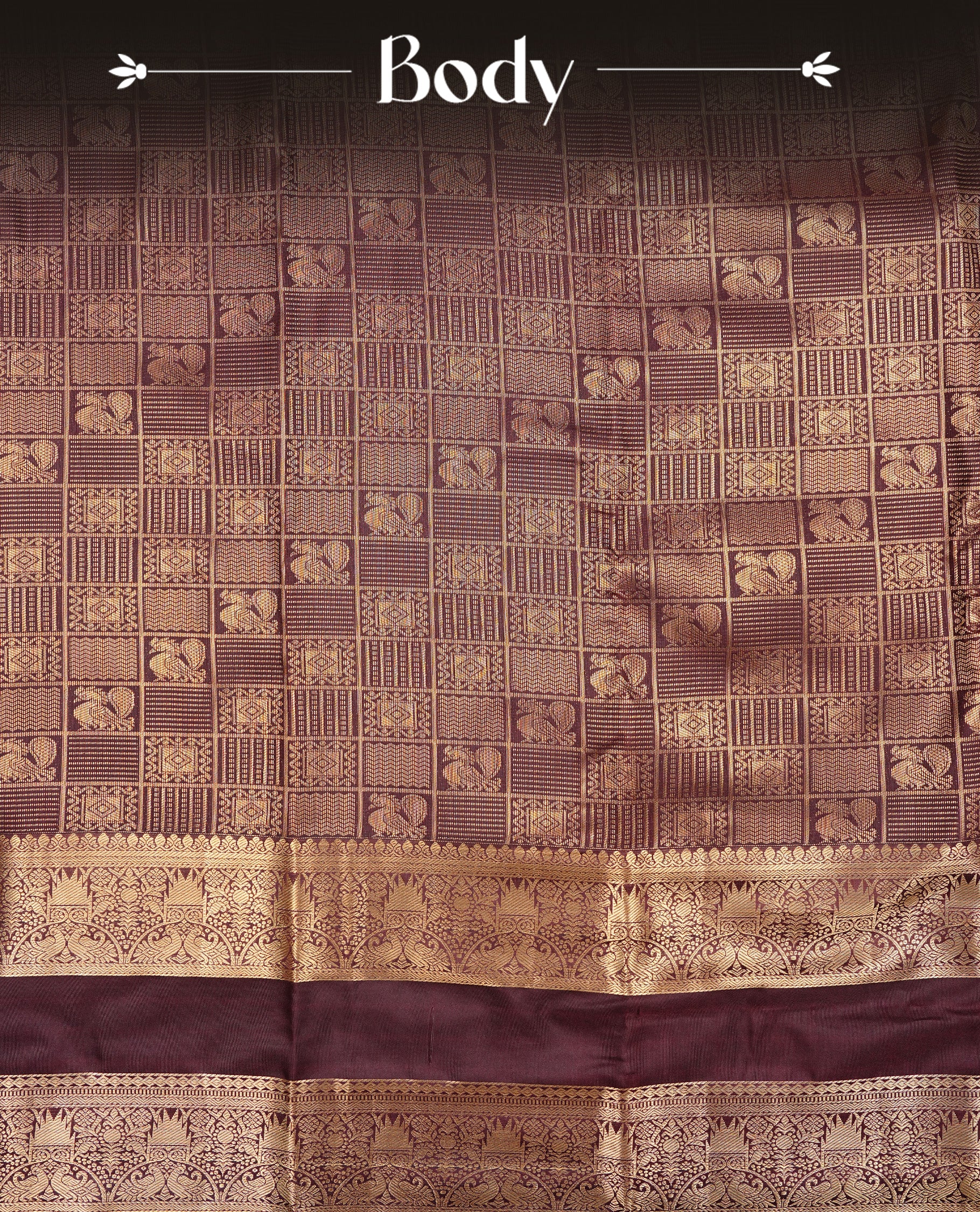 Chocolate Brown Colour Semi Wedding Silk Saree Featuring Gold Zari Checks With Buttas, Showcased with self colour Orange pipping With Traditional Border,  Paired With Matching Blouse Piece.
