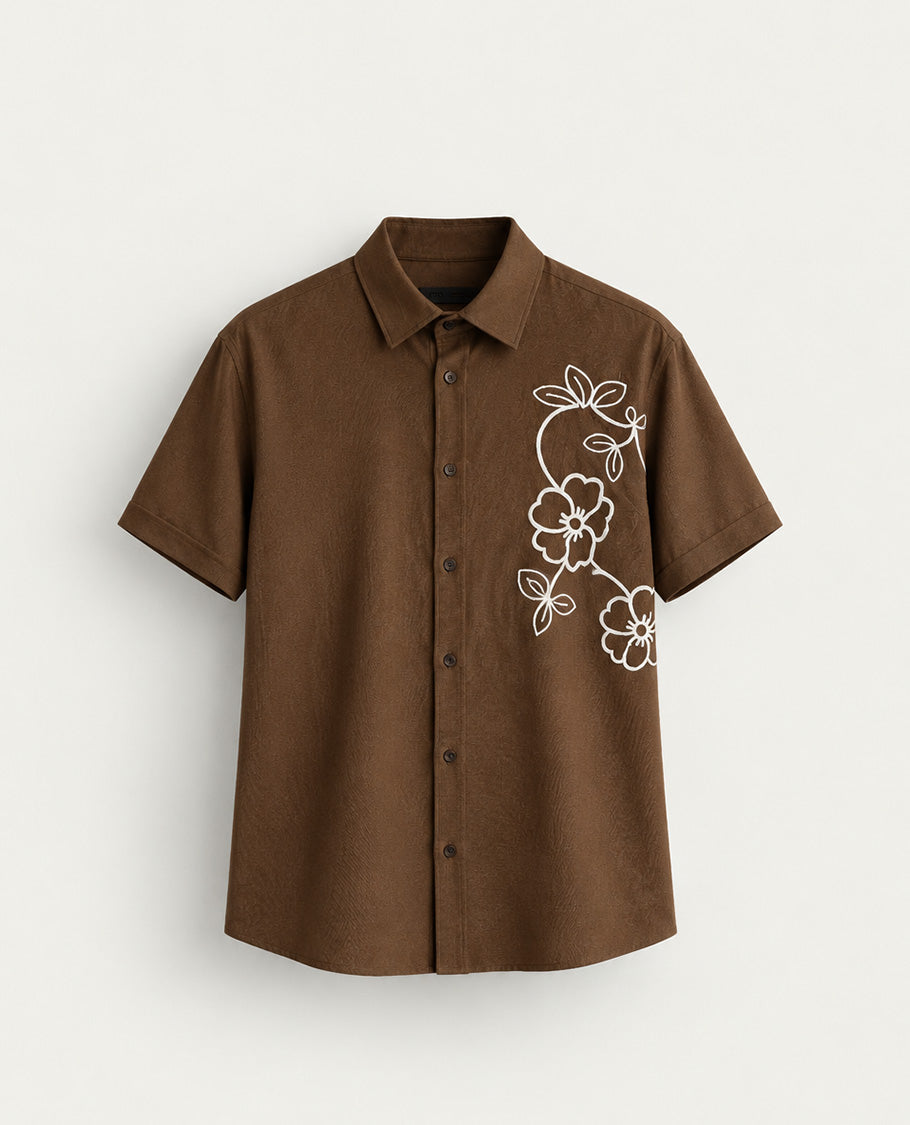 Brown colour shirt with Cream colour patterned body, Half sleeve.
