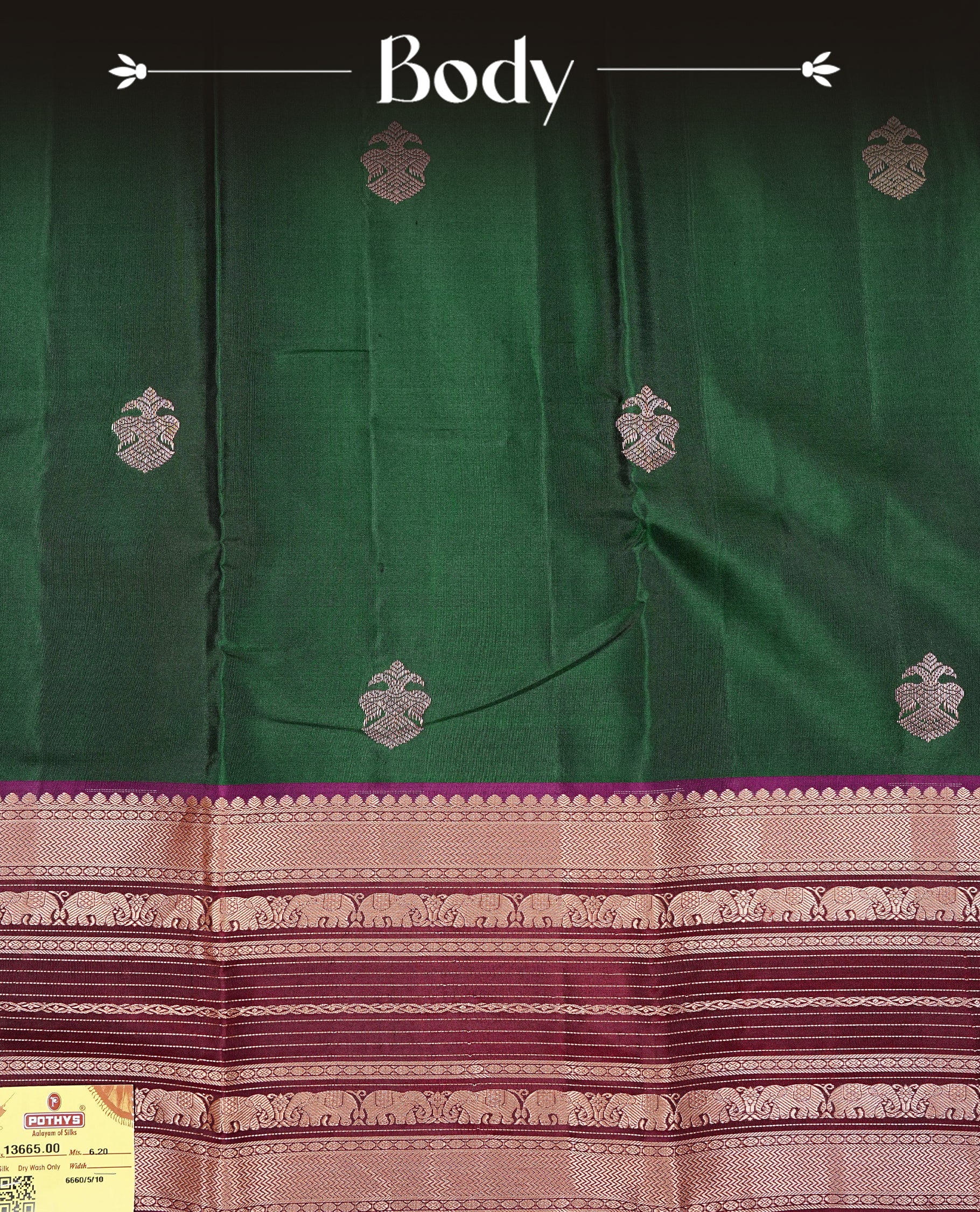 Bottle Green Colour Kancheepuram silk saree featuring gold zari motifs on body, highlighting Gold zari Elephant Traditional On contrast Maroon border, paired with Matching blouse piece.