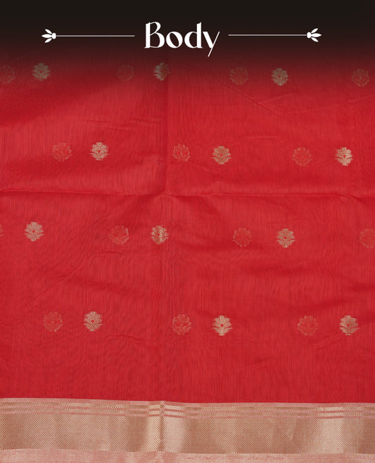 Red colour Maheshwari cotton saree, gold zari floral motifs on body, complement peach colour gold zari border comes with matching blouse.