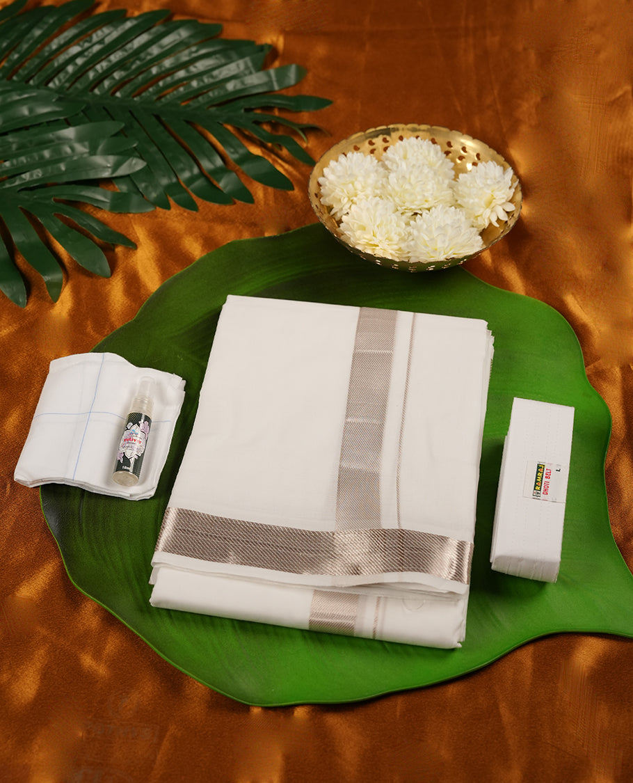 Cream colour RAMRAJ pure cotton double dhoti with light gold colour border for mens with dhoti belt.