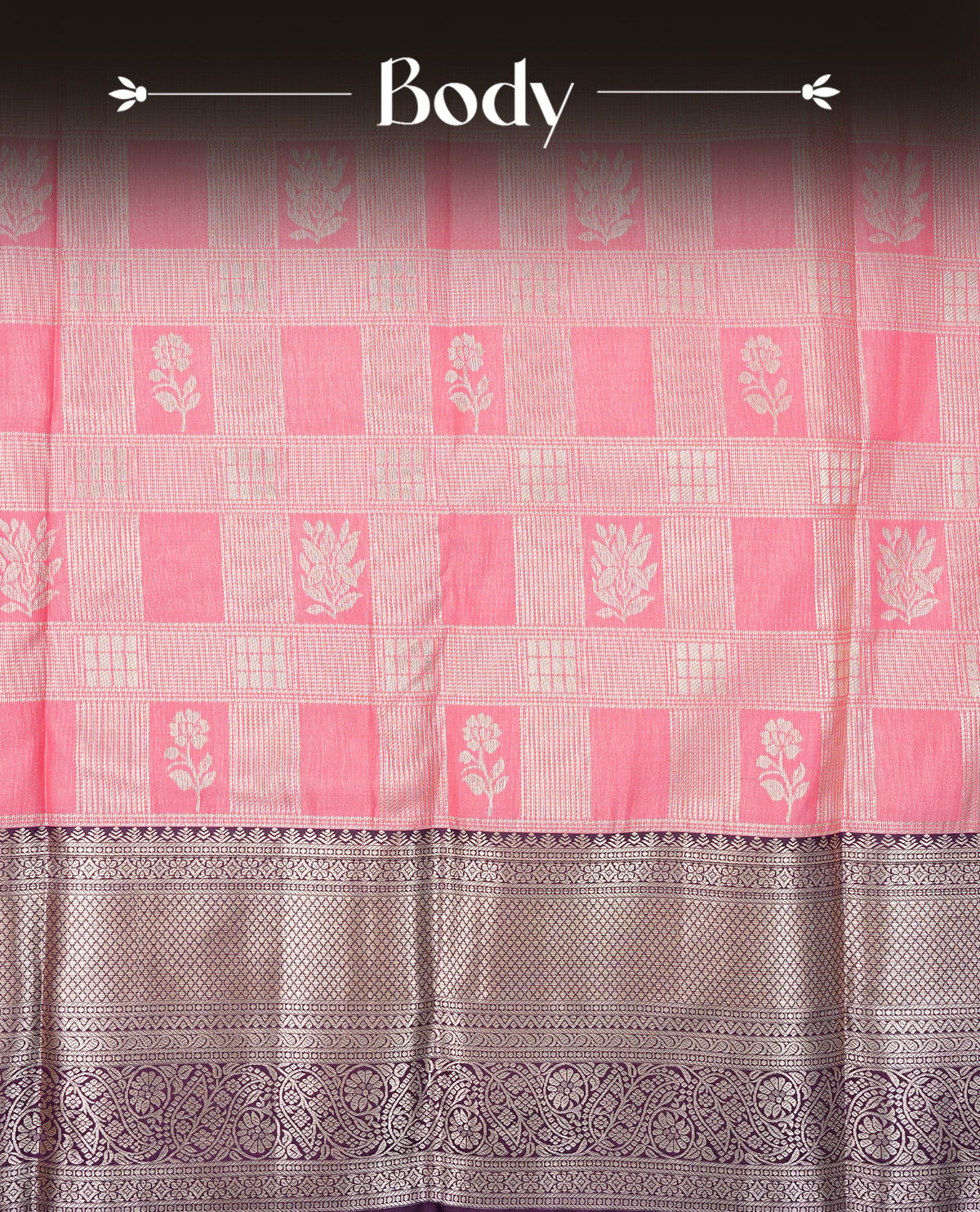 Baby pink colour semi wedding saree featuring light gold zari box with flower motifs across the body, complemented by contrast purple traditional border. Comes with a matching blouse piece.