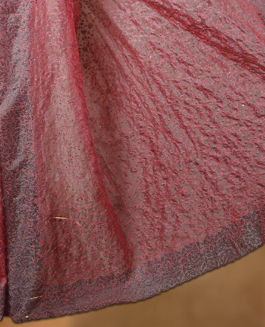 Red & orange double shade colour velvet chiffon designer saree, featuring self colour thread embroidery kodi work on body, stone work and all over motifs on border and  pallu, Paired with matching blouse.