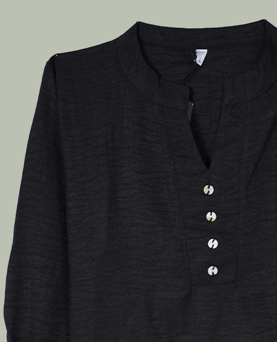 Black three-quarter sleeve tunic top with band collar, half button placket, and contrast white abstract cord embroidery along the hem.