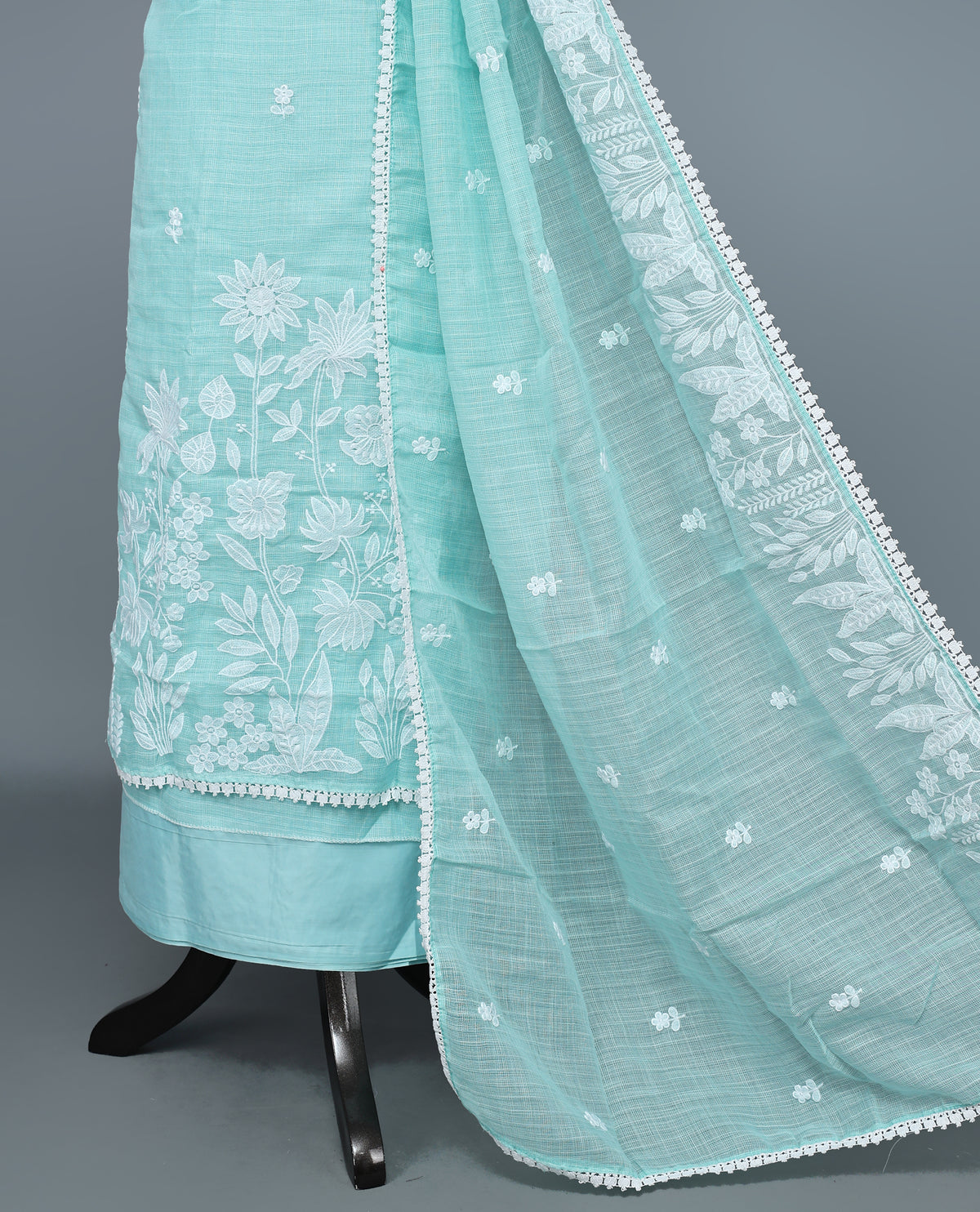 Aqua Blue Colour Kotta Net Salwar Material featuring elegant white floral thread embroidery on the kurta, paired with a matching bottom and a beautifully embroidered dupatta.