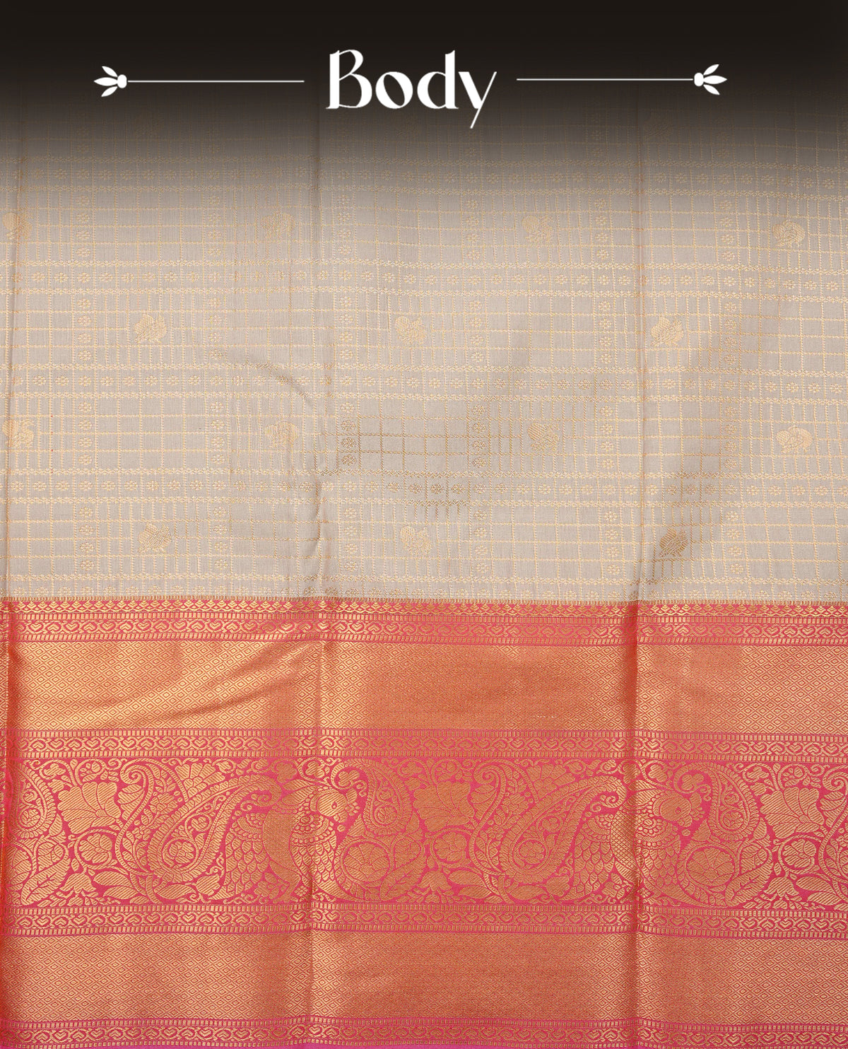 Grey colour semi wedding saree featuring gold zari check with peacocok motifs on body complemented by contrast magenta colour with traditional border, comes with macthing blouse piece.