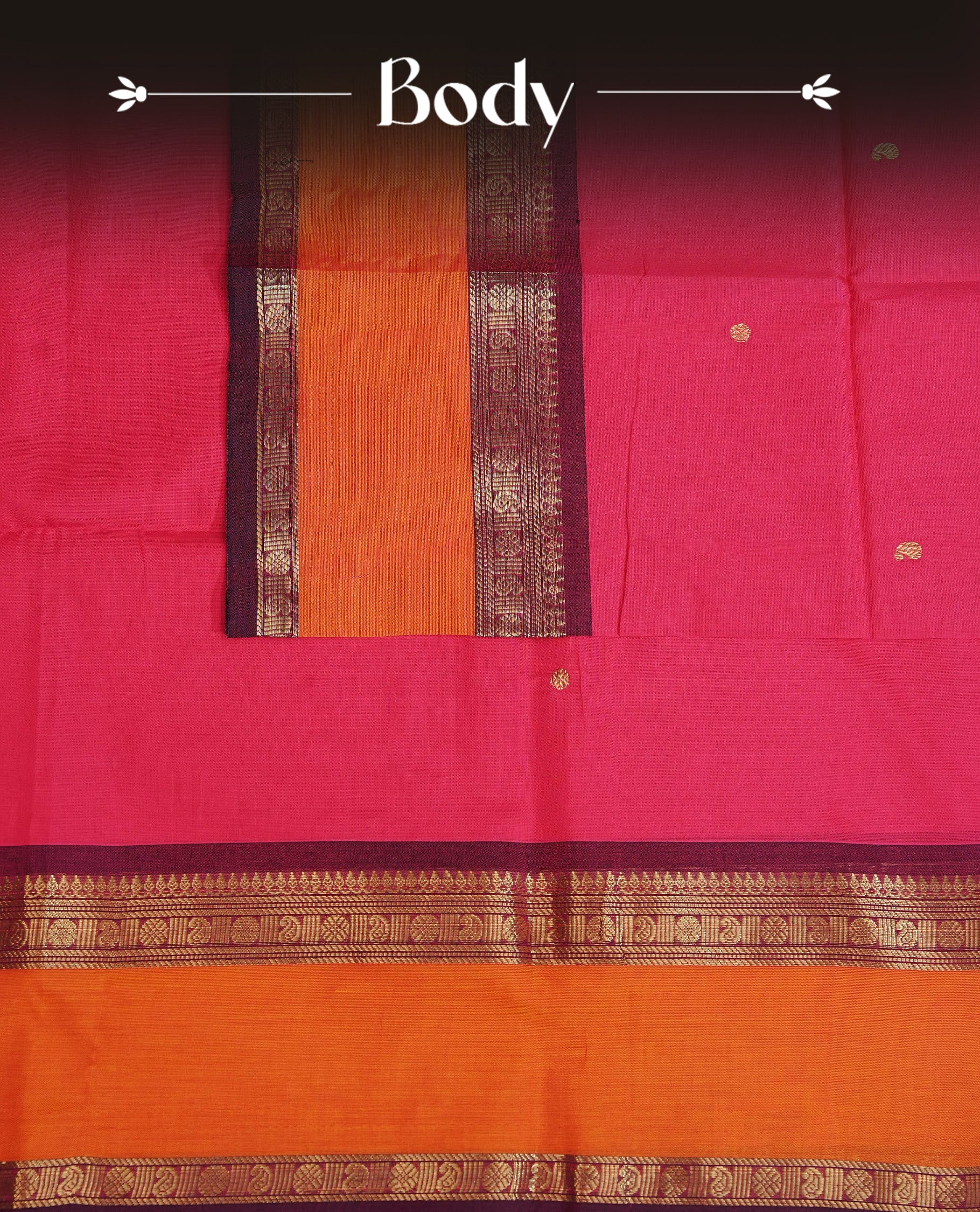 Rani pink colour chettinad cotton saree featuring gold zari motifs body, Contrast Maroon & Orange colour with Gold zari border, comes with matching blouse piece.