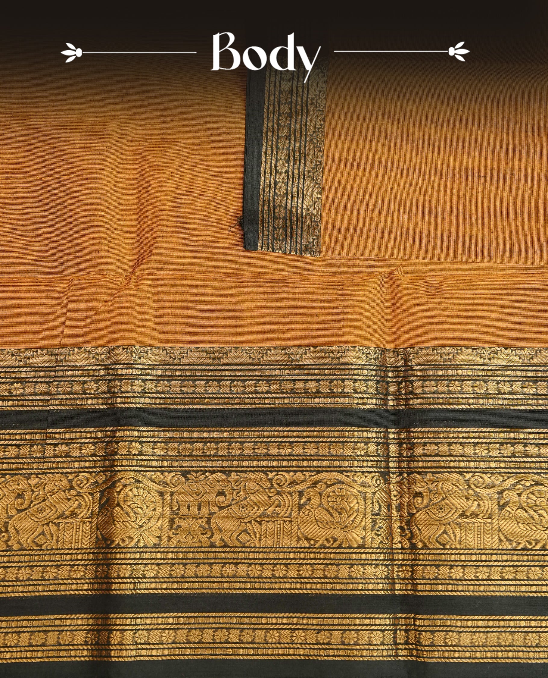 Mustard Yellow Colour Chettinad Cotton Saree Featuring a Plain Body, Complemented by a Black Colour Border with Gold Zari Traditional, Paired with a Matching Blouse Piece.