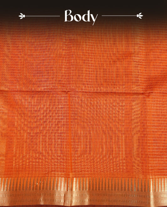 Rust orange colour Maheshwari cotton saree, gold zari small checks on body, complement self colour gold zari temple design border comes with matching blouse.