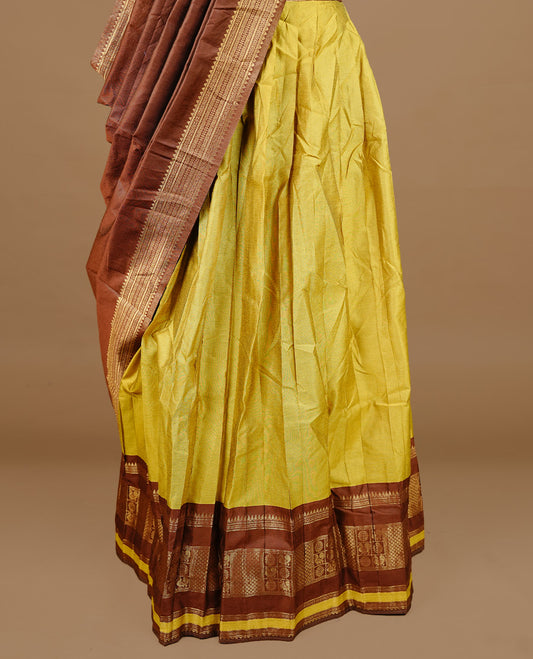 Olive colour semi stitched Half saree featuring contrast chocolate brown colour with gold zari traditional border skirt, paired with matching zari border dupatta, unstitched blouse piece
