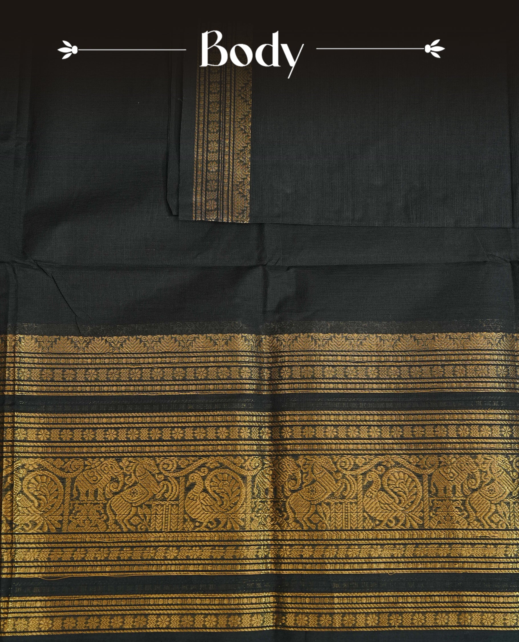 Black colour chettinad cotton saree featuring Elegant plain body, complemented by Self Colour with gold zari border, comes with matching blouse piece.