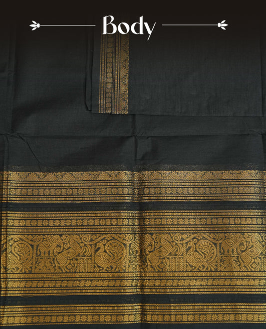 Black colour chettinad cotton saree featuring Elegant plain body, complemented by Self Colour with gold zari border, comes with matching blouse piece.