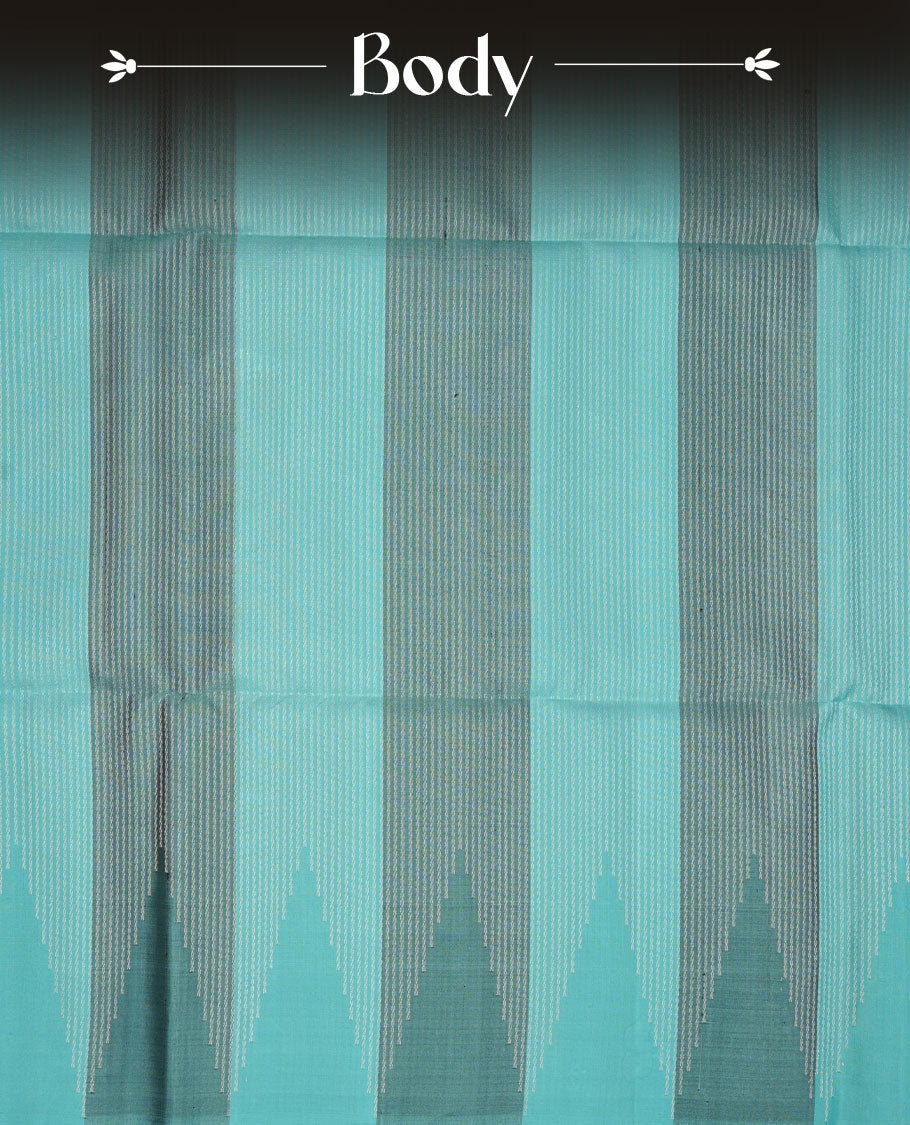 Aqua & grey colour soft silk saree featuring gold zari stripes on body, complemented by self colour border and tassel at pallu, paired with matching blouse piece.