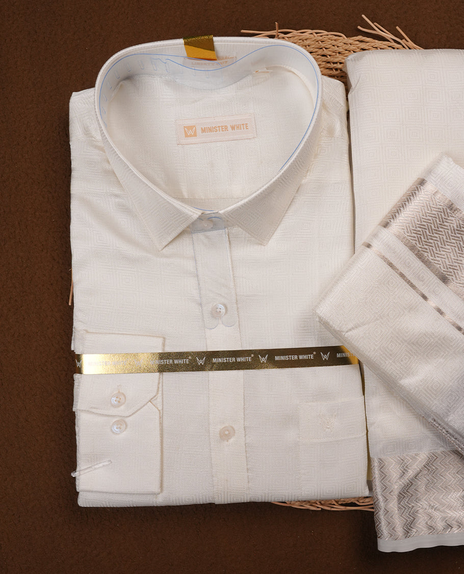 Half white colour MINISTER WHITE shirt paired with a matching dhoti, finishing with a silver border