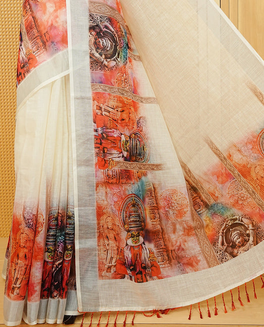 Off white Semi Linen Saree featuring One side Red Indian Cultural Painting print, silver tissue border, comes with Matching blouse piece with same unique Pattern.