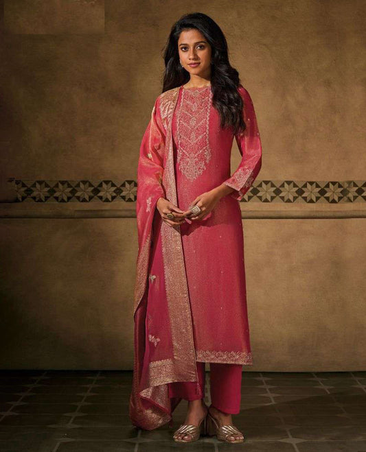Pink peach colour suit material with silk tissue embroidered top featuring elegant handwork and detailed sleeve work, paired with matching satin bottom and a contrast colour lightweight printed dupatta