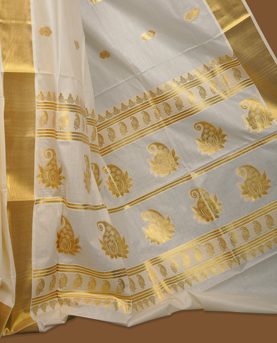Elegant off white colour cotton Kerala saree with gold zari buttas, broad kasavu border, and richly woven traditional pallu, paired with a matching blouse