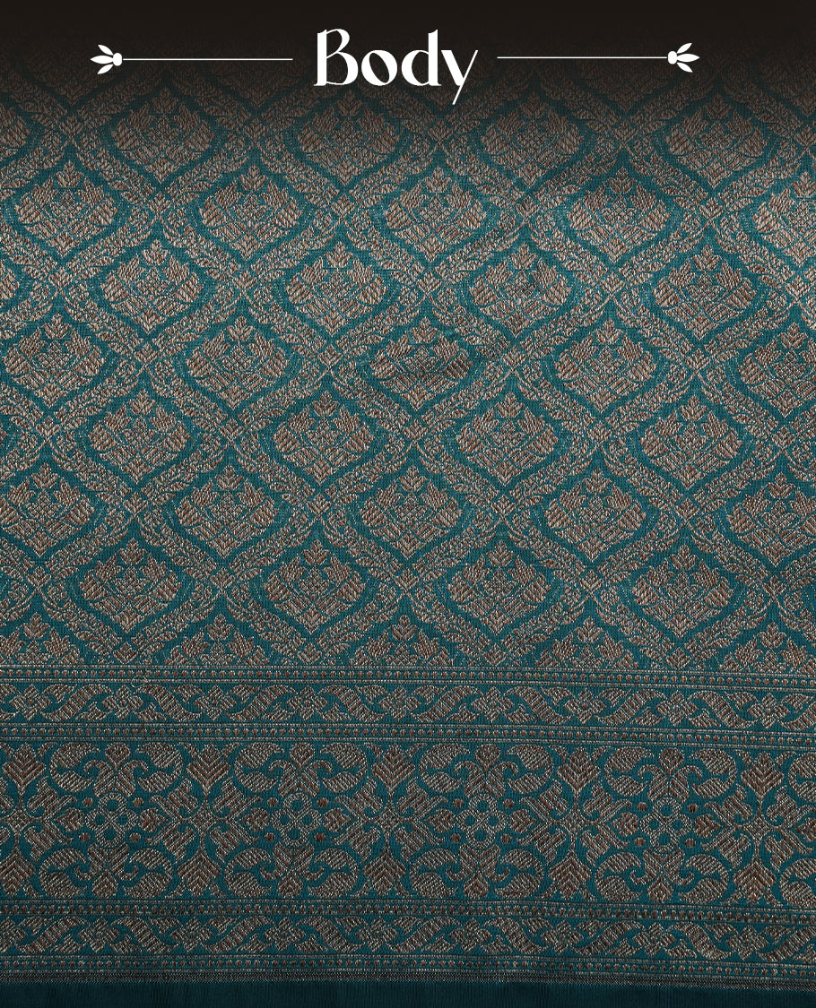 Teal Colour Semi Banarasi Katan Silk Saree with Gold Zari Buti Motifs, Traditional Gold Floral Pallu, Elaborate Woven Border, Decorative Tassels with Matching Blouse