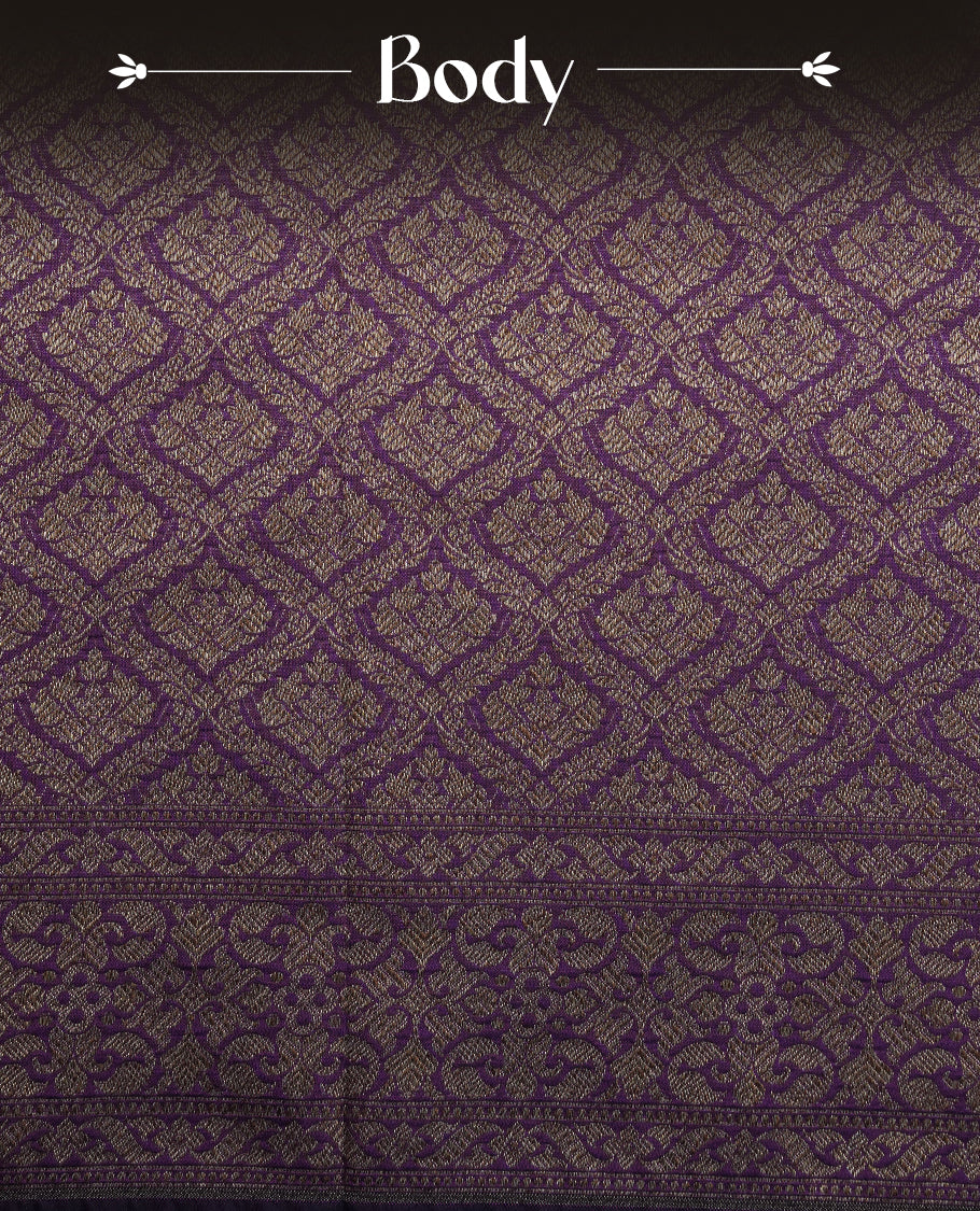 Deep Purple Colour Semi Banarasi Katan Silk Saree with Gold Zari Buti Motifs, Traditional Gold Floral Pallu, Elaborate Woven Border, Decorative Tassels with Matching Blouse