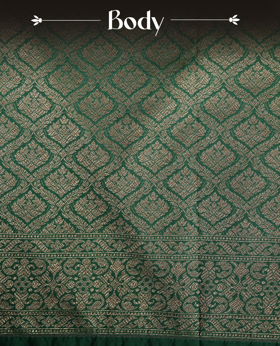 Green Colour Semi Banarasi Katan Silk Saree with Gold Zari Buti Motifs, Traditional Gold Floral Pallu, Elaborate Woven Border, Decorative Tassels with Matching Blouse