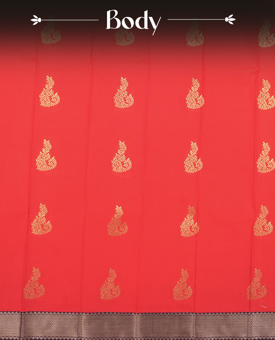 Red colour Semi Silk Saree with gold zari patterns on the body, paired with a contrasting dark purple traditional pallu and border, and a matching blouse piece.