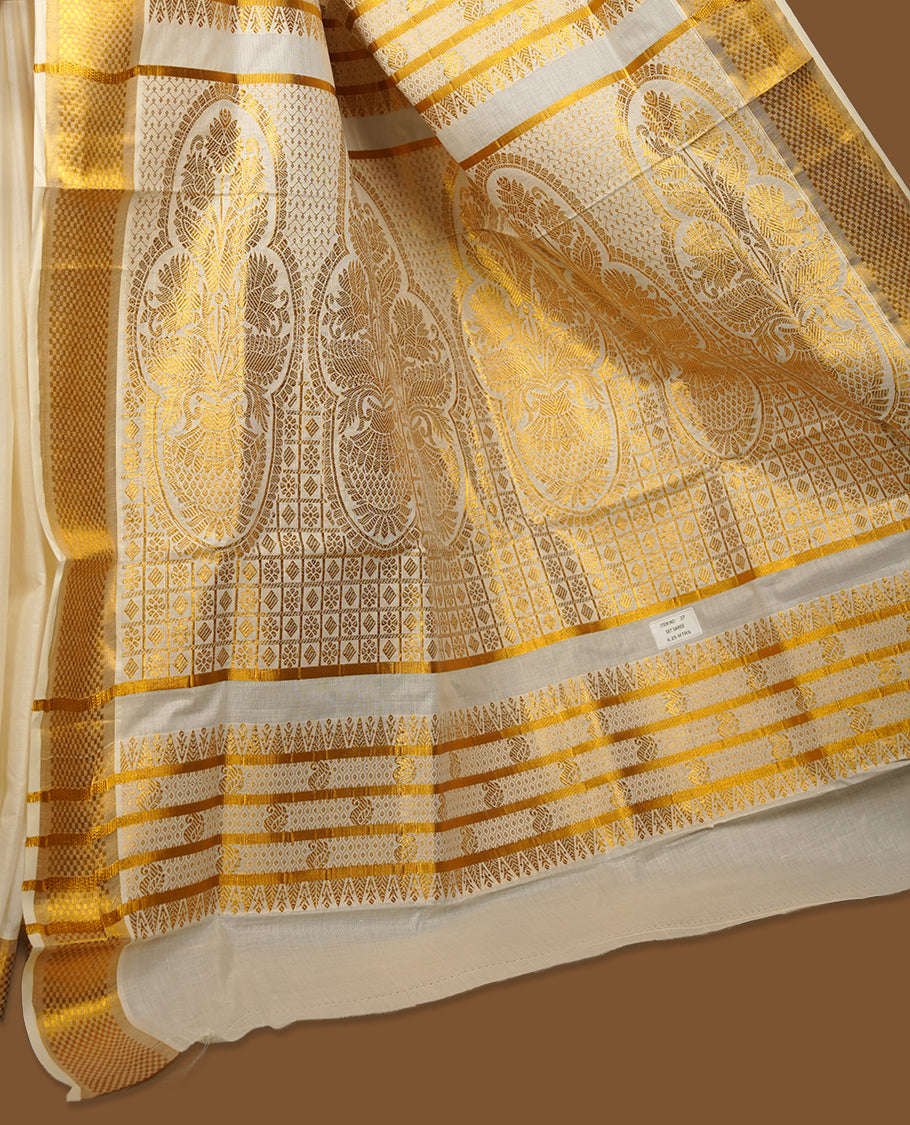 Elegant off white colour cotton Kerala saree with gold zari buttas, broad kasavu border, and richly woven traditional pallu, paired with a matching blouse
