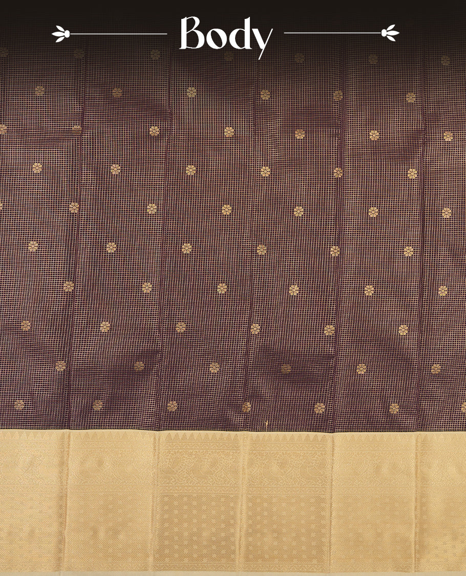 Dark grape colour Semi Silk Saree with golden checks and floral motifs on the body, paired with a contrasting cream pallu and border featuring peacock motifs, and a matching blouse piece