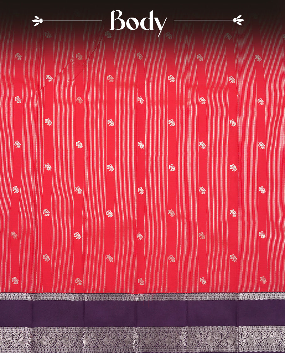 Rani Pink Colour Semi Silk Saree with Silver Diagonal Striped Butta Body, Contrasting Eggplant Purple Silver Zari Pallu & Border, Diamond Lattice Motifs, and Matching Blouse Piece