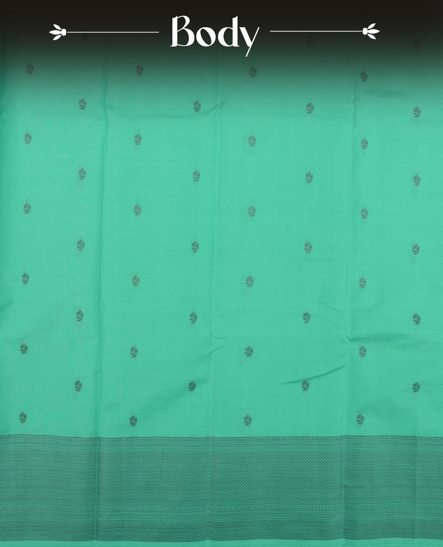 Aqua green colour semi soft silk saree featuring a gray textured patterned body, complemented by self coloured gray zari on pallu & border and a matching blouse piece.