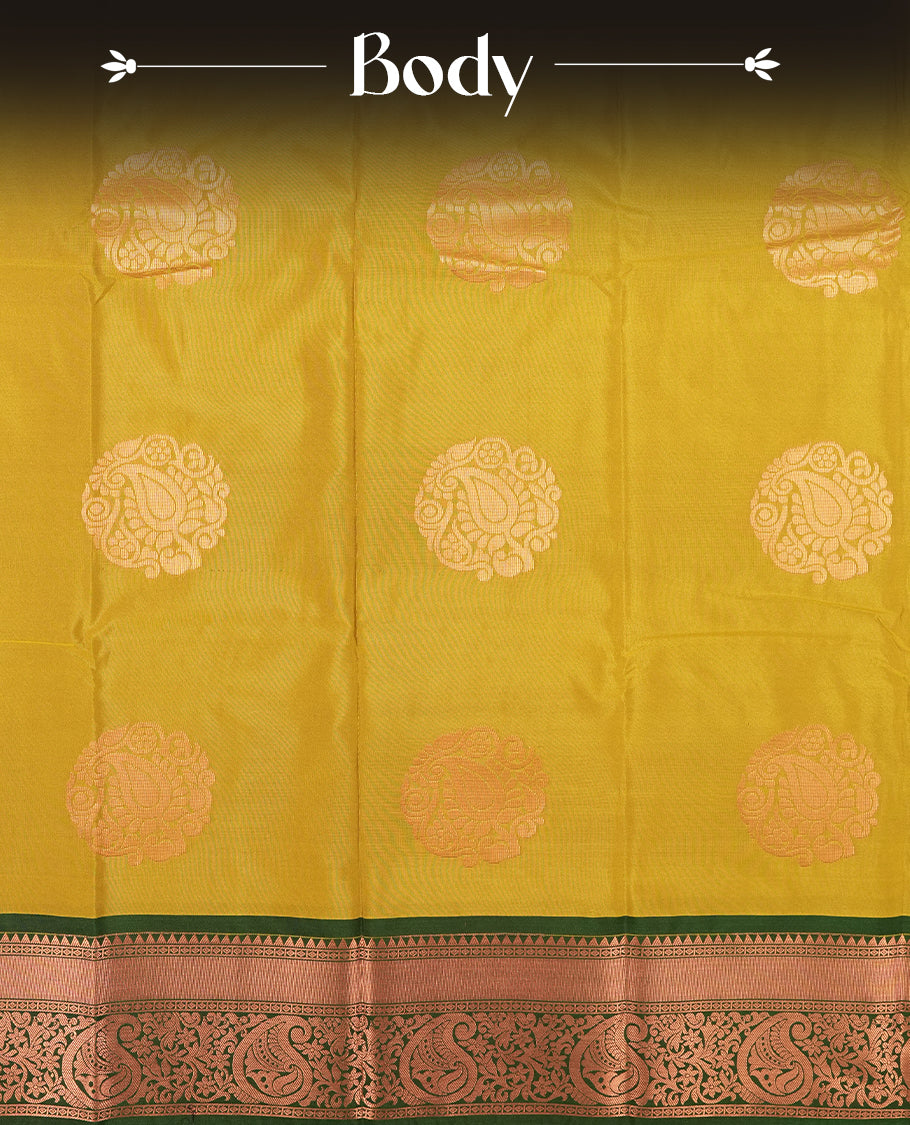 Mustard green colour Semi Silk Saree with gold zari motifs on the body, paired with a contrast Dark green colour pallu with copper zari traditioal border, and a matching blouse piece.