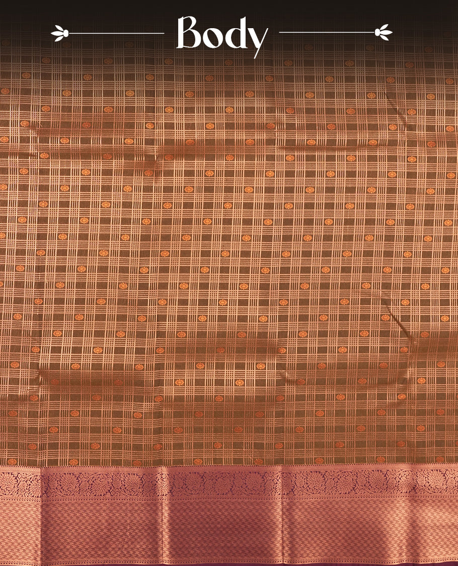 Olive brown colour Semi Silk Saree with copper zari checkered on the body, paired with a contrast burnt maroon colour pallu with copper zari traditioal border, and a matching blouse piece.