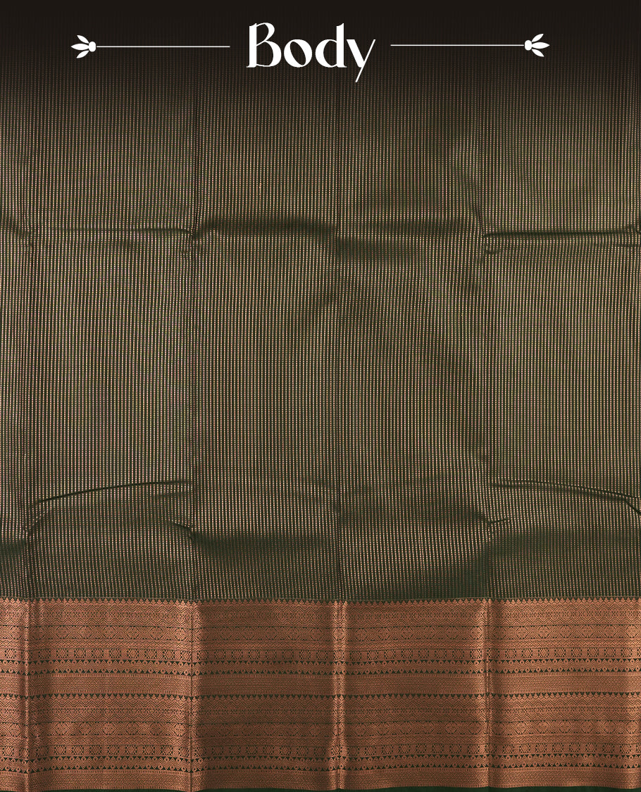 Dark green colour Semi Silk Saree with gold zari stripes on the body, paired with a contrast rani pink colour pallu with coppper zari traditioal border, and a matching blouse piece.